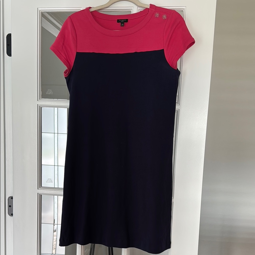 Talbots Pink and Navy Sheath Dress Short Sleeve Crew Neck